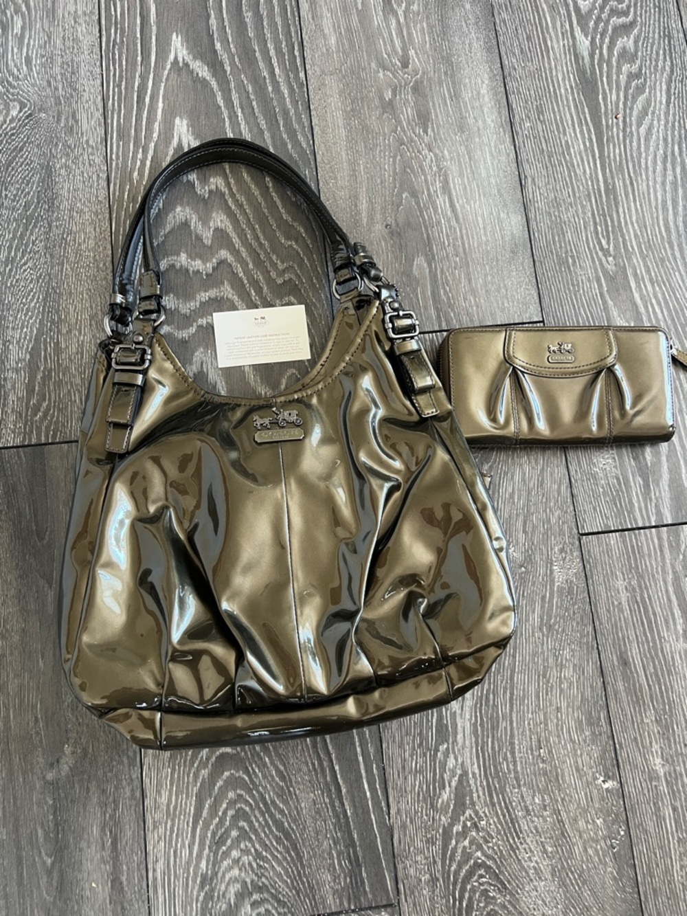 Coach Olive Metallic Patent Leather Hobo with Matching Wristlet